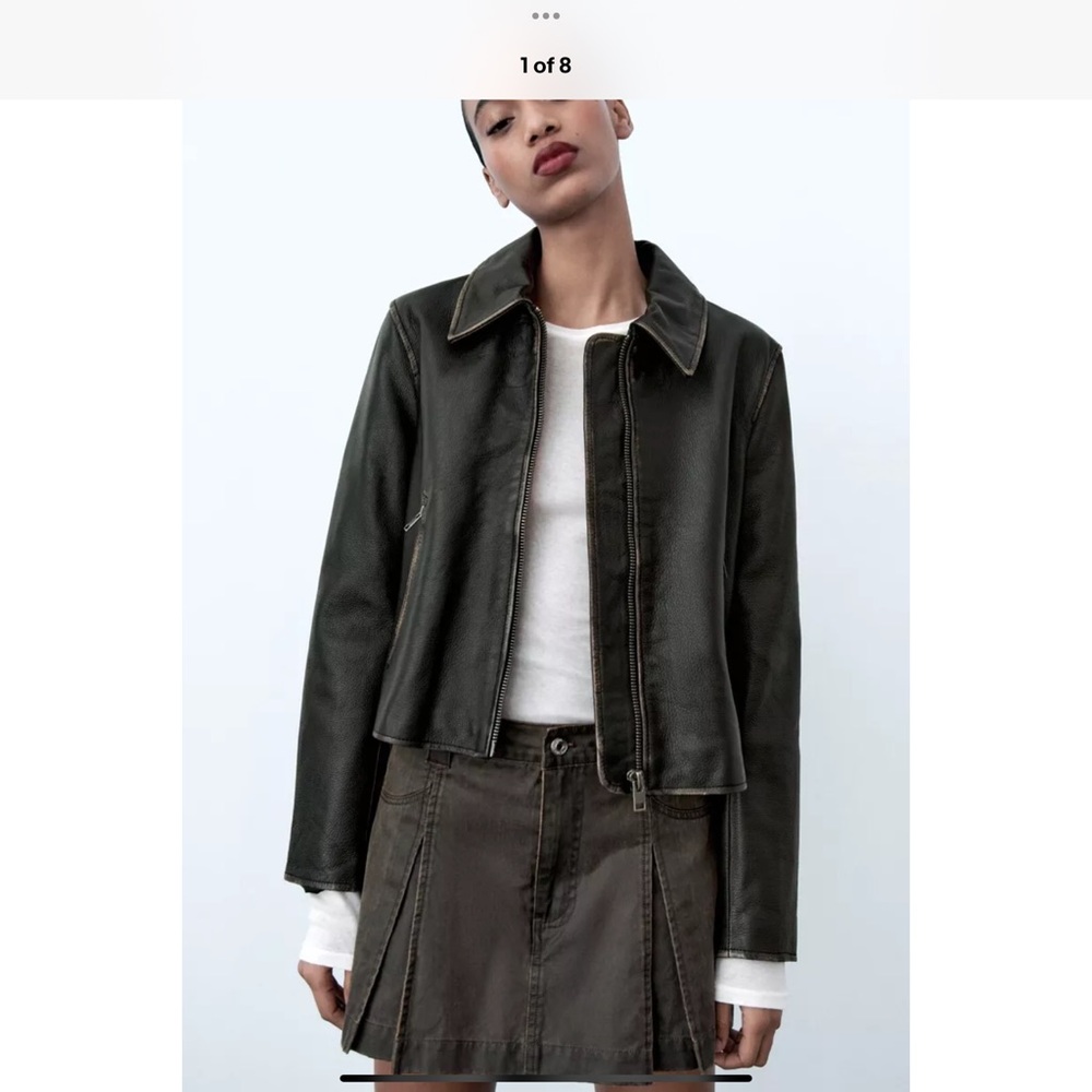 Zara Genuine Leather Jacket Distressed Crop Brown Bomber, Medium